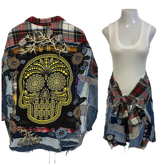 Flannel Shirt Womens 2XL Sugar Skull Shacket Upcycled Grunge Maximalist Rock - Picture 2 of 16